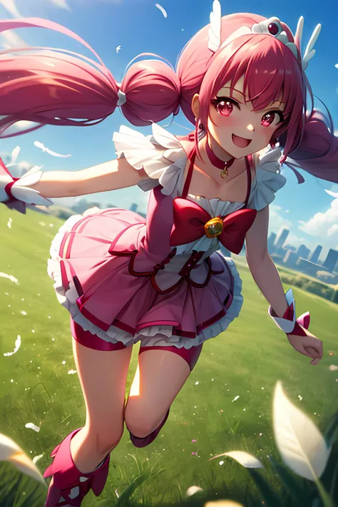 full_eyes masterpiece, best quality, looking_at_viewer, depth_of_field, smile, 1girl, cure happy, low twintails, feather hair ornament, skirt, tiara, wrist cuffs, pink shorts, red ribbon, free hand, motion blur, looking at viewer, outdoors, grass, skyline,