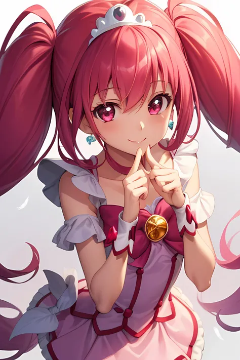 masterpiece, best quality, looking_at_viewer, depth_of_field, smile, from above,
1girl, <lora:locon_cure_happy_1:0.9>, cure happy, low twintails, feather hair ornament, pink skirt, tiara, wrist cuffs, Index finger on the cheek