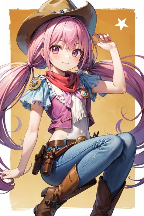 masterpiece,best quality,1girl,cure happy,pink eyes,pink hair,low twintails,(cowgirl outfit,cowboy hat,cowboy boots,fringe trim,sheriff badge,holster,bandana,jeans),smile,blue sky,cowboy western,cowboy shot,<lora:locon_cure_happy_1:0.8>,<lora:Concept-control tool-add_detail-CyberAIchemist:0.5>,<lora:cowgirl_outfit_v0.1a:1>,