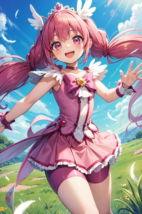 masterpiece,best quality,1girl,cure happy,pink eyes,pink hair,low twintails,feather hair ornament,skirt,tiara,wrist cuffs,pink shorts,shorts under skirt,dynamic pose,smile,open mouth,happy,feathers,blue sky,grass,plain,cowboy shot,<lora:locon_cure_happy_1:0.9>,<lora:Concept-control tool-add_detail-CyberAIchemist:0.3>,
