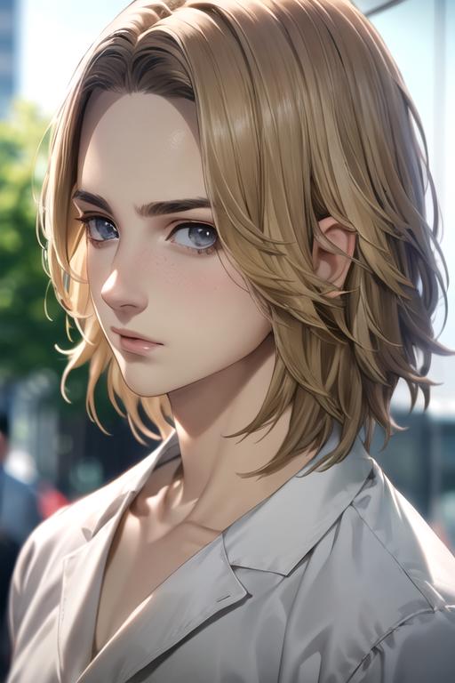 A woman with blonde hair and blue eyes standing in front of a building ...