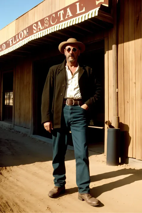 photo of jean reno as leon <lora:leon_v10:0.75> in front of a saloon in a dusty wild west town, technicolor style, analog artifacts, film grain