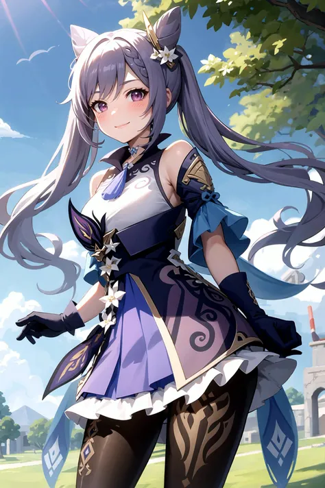 keqingdef, archeological ruins smile, blush, outdoors, day, blue sky, sky, looking at viewer, cowboy shot, standing, tree, black gloves, twintails, <lora:keqing1:1>