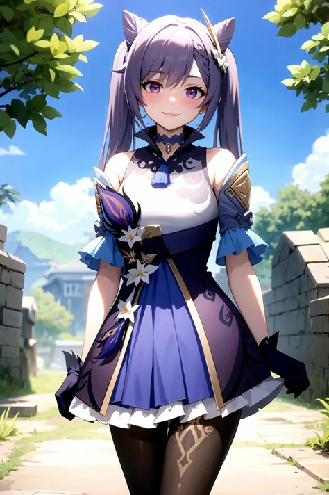 keqingdef, archeological ruins smile, blush, outdoors, day, blue sky, sky, looking at viewer, cowboy shot, standing, tree, black gloves, twintails, <lora:keqing1:1>