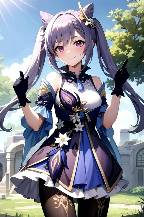 keqingdef, archeological ruins smile, blush, outdoors, day, blue sky, sky, looking at viewer, cowboy shot, standing, tree, black gloves, twintails, <lora:keqing1:1>