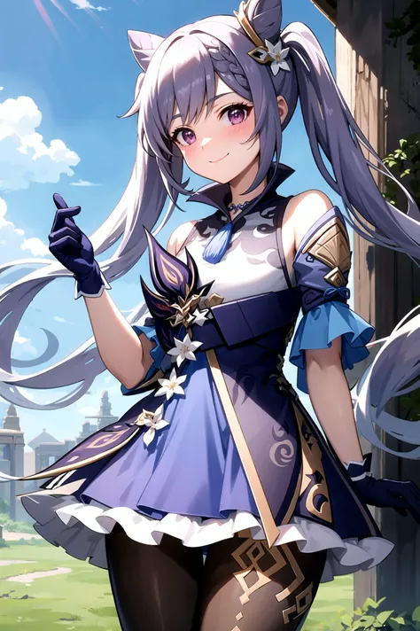keqingdef, archeological ruins smile, blush, outdoors, day, blue sky, sky, looking at viewer, cowboy shot, standing, tree, black gloves, twintails, <lora:keqing1:1>