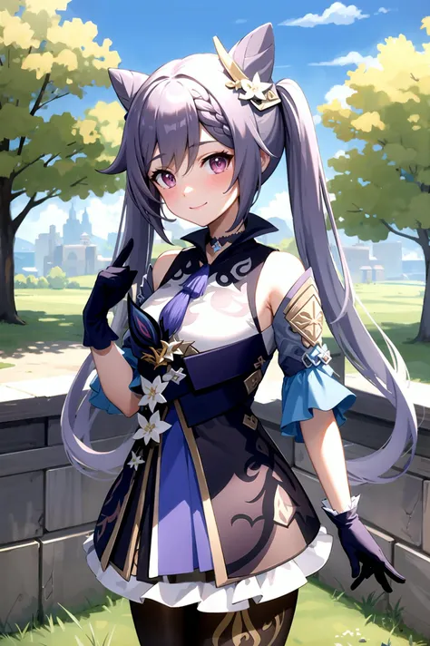 keqingdef, archeological ruins smile, blush, outdoors, day, blue sky, sky, looking at viewer, cowboy shot, standing, tree, black gloves, twintails, <lora:keqing1:1>
