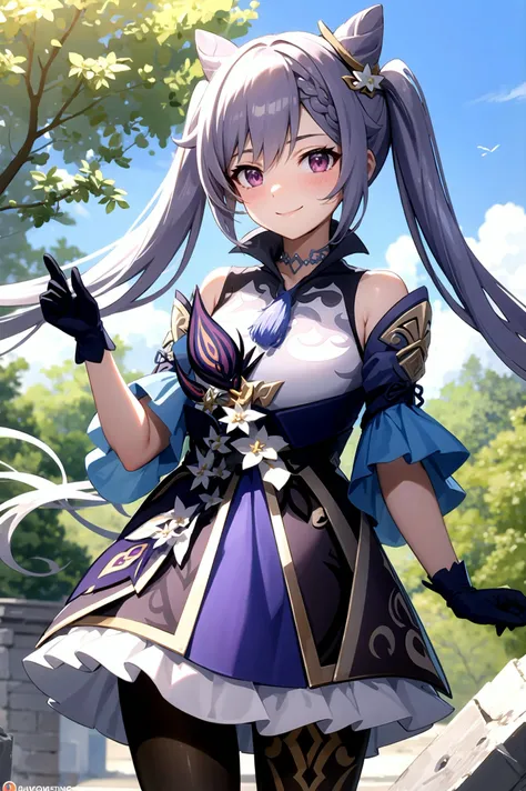 keqingdef, archeological ruins smile, blush, outdoors, day, blue sky, sky, looking at viewer, cowboy shot, standing, tree, black gloves, twintails, <lora:keqing1:1>