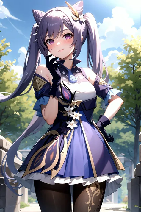 keqingdef, archeological ruins smile, blush, outdoors, day, blue sky, sky, looking at viewer, cowboy shot, standing, tree, black gloves, twintails, <lora:keqing1:1>