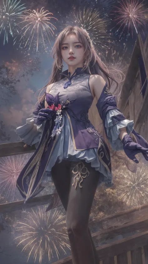 masterpiece, best quality,highres, (dramatic_light:1.5), 1girl,keqing,look_at_viewer, foral_background,crop_top_overhang,keqingdef,keqingopulent,keqingrnd,laboratory,fireworks_background, <lora:keqing1:1>,keqingdef,pink hibiscus, <lora:add_detail:0.7>, halo