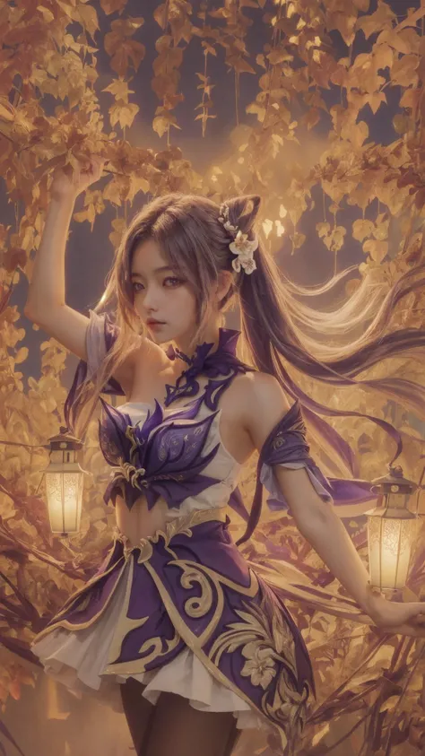 masterpiece, best quality,highres, (dramatic_light:1.5), 1girl,keqing,look_at_viewer, foral_background,crop_top_overhang,keqingdef,keqingopulent,keqingrnd,laboratory,lantern_background, <lora:keqing1:1>,keqingdef,purple hibiscus, <lora:add_detail:0.7>, halo