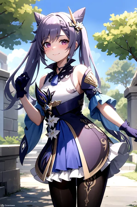 masterpiece, Highest quality, Perfect functionality, Intricate details, Ray Tracing, up to date,(Hitenkei, Asksy:0.4), One girl, Clolinde \(Genshin Impact\), Three-cornered hat, Black Pantyhose, Earrings, Blue Cape, White gloves, Pencil Skirt, White shirt, Thigh straps, Underbust, Ascot, Black jacket, A light smile, garden, Outdoor, Depth of written boundary, flower, 