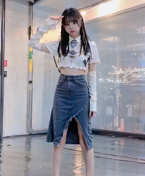 1girl,(( solo)), long hair, , looking at viewer, realistic, best quality, ultra high res, (photorealistic:1.4), perfect light, small breasts, best quality, ultra high res, (photorealistic:1.4), (<lora:splitedDenimSkirt:1>), full body, (splitedDenimSkirt, long skirt, oversleeves), standing, <lora:liyuuLora_liyuuV1:1>