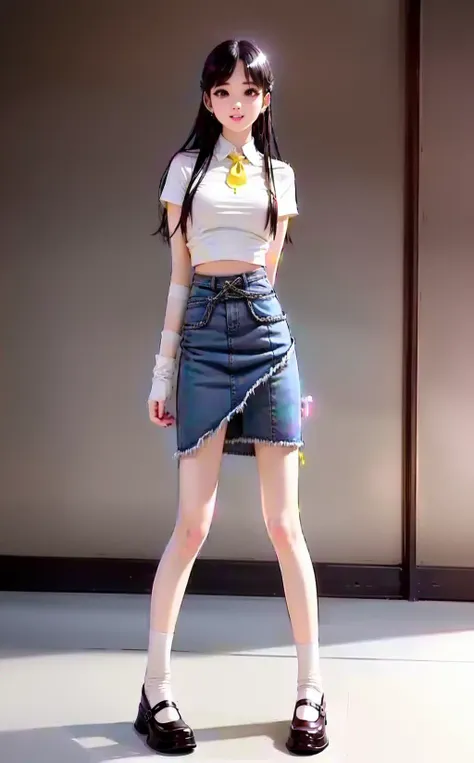 1girl, solo, indoors, long hair, , looking at viewer, black hair, brown eyes, day, realistic, best quality, ultra high res, (photorealistic:1.4), perfect light, small breasts, parted lips, best quality, ultra high res, (photorealistic:1.4), (<lora:splitedDenimSkirt:1>), full body, (((splitedDenimSkirt,(( long skirt)), oversleeves white socks))) <hypernet:koreanBe_v10:1>