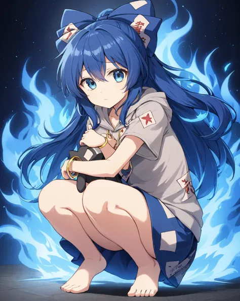 yorigami shion,1girl, solo, blue_skirt, hair_bow, debt, blue_bow, looking_at_viewer, short_sleeves, bangle, grey_hoodie, closed_mouth, holding, feet_out_of_frame, bare_legs, squatting, blue_fire, stuffed_animal
<lora:yorigami_shion_image2356_2023-12-20-000010:1>,star-shaped_pupils,symbol-shaped_pupils,. gorgeous,key visual, vibrant, studio anime,award-winning, professional, highly detailed,high budget, cinemascope