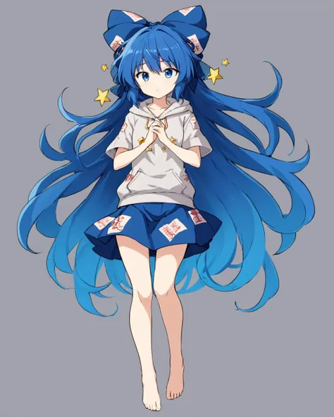 yorigami shion,1girl, solo, barefoot, blue_skirt, hair_bow, simple_background, hand_between_legs, seiza, debt, grey_background, full_body, looking_at_viewer, short_sleeves, grey_hoodie, blue_bow, v_arms, closed_mouth, miniskirt, bare_legs
<lora:yorigami_shion_image2356_2023-12-20-000010:1>,star-shaped_pupils,symbol-shaped_pupils,. gorgeous,key visual, vibrant, studio anime,award-winning, professional, highly detailed,high budget, cinemascope