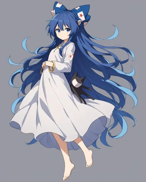 yorigami shion, 1girl, barefoot, simple_background, solo, grey_background, white_dress, hair_bow, blue_bow, full_body, debt, stuffed_cat, looking_at_viewer, closed_mouth, ass, bangle, long_sleeves, long_dress, grey_dress
<lora:yorigami_shion_image2356_2023-12-20-000010:1>,star-shaped_pupils,symbol-shaped_pupils,. gorgeous,key visual, vibrant, studio anime,award-winning, professional, highly detailed,high budget, cinemascope
