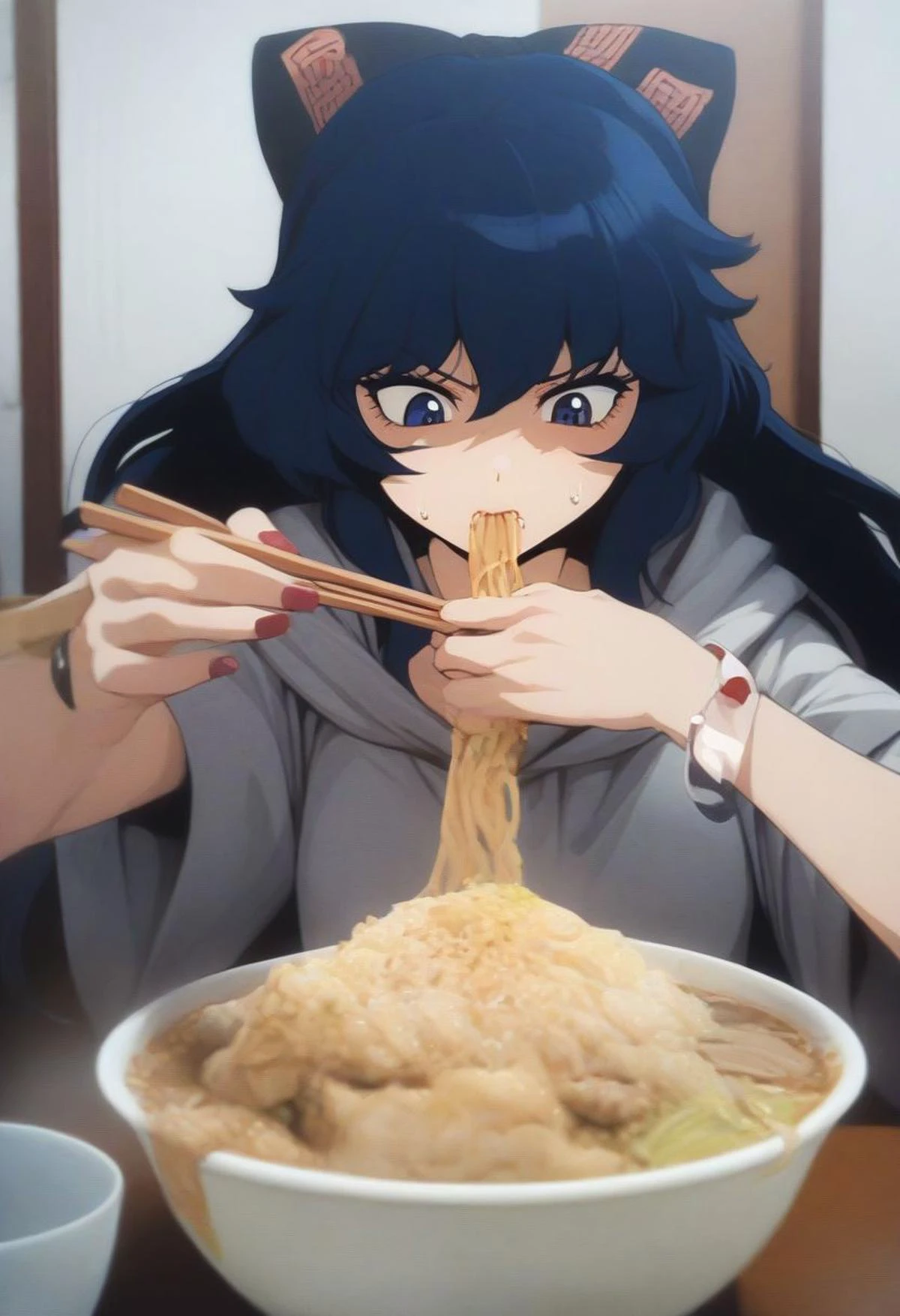 masterpiece, best quality,
anime style,
retro style,
80's,
1girl, solo, yorigami shion, touhou,
blue hair, blue eyes, blue hair bow,
long hair,
makeup, eyelashes, lip,
bracelet, nail polish,
grey hoodie,
ofuda on clothes,
looking down,
sweat,
chopsticks,
eating jirou ramen,
yellow ramen shop,
indoors,