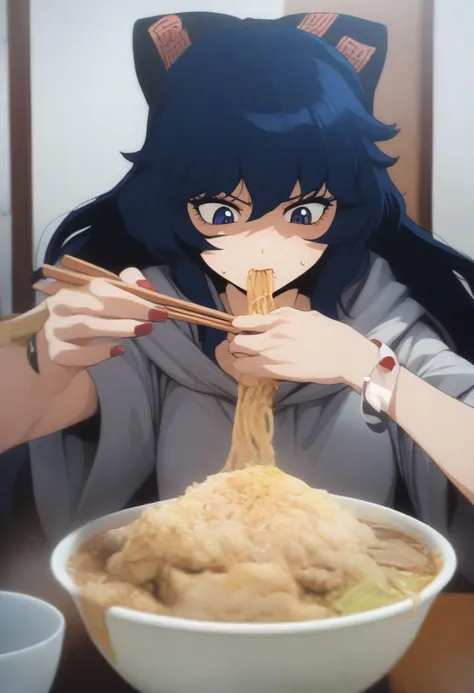 masterpiece, best quality, 
anime style, 
retro style, 
80's, 
1girl, solo, yorigami shion, touhou, 
blue hair, blue eyes, blue hair bow, 
long hair, 
makeup, eyelashes, lip, 
bracelet, nail polish, 
grey hoodie, 
ofuda on clothes, 
looking down, 
sweat, 
chopsticks, 
eating jirou ramen, 
yellow ramen shop, 
indoors,