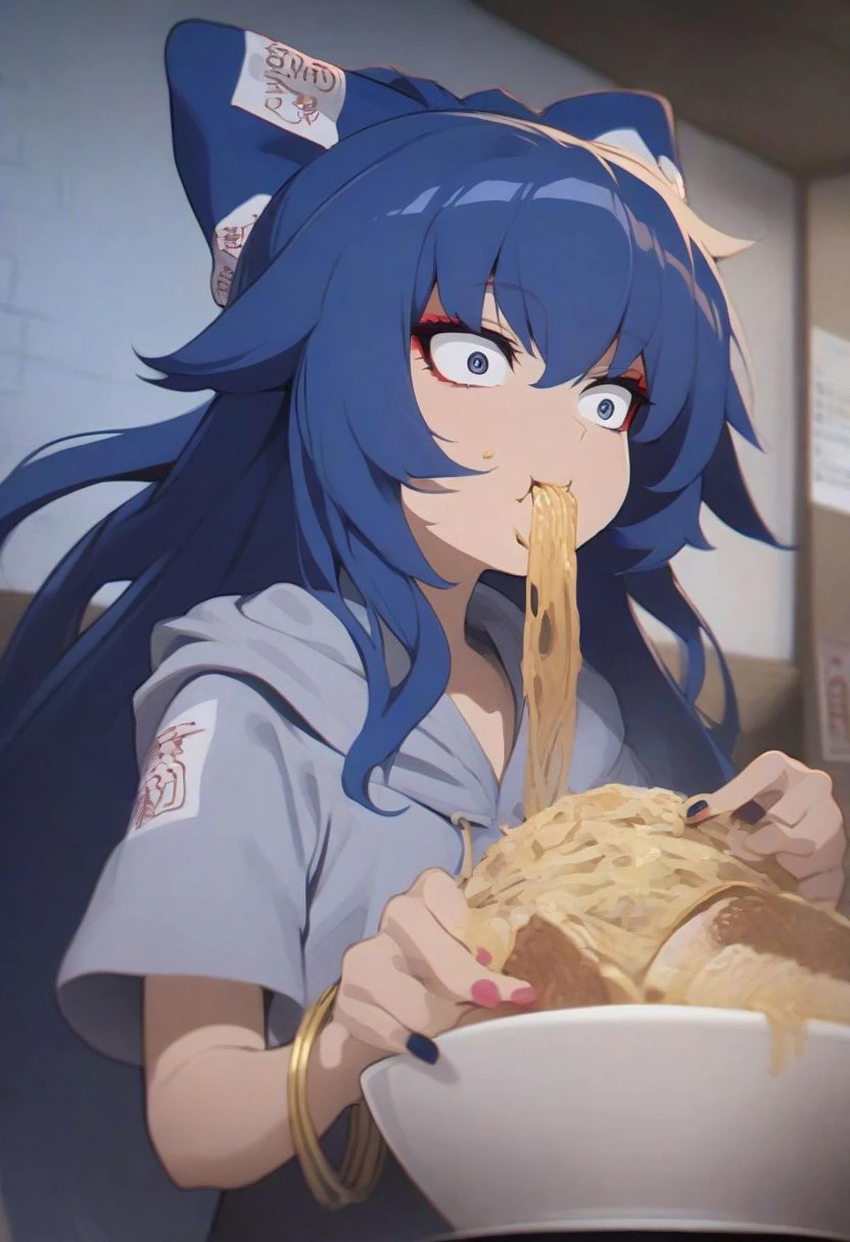 masterpiece, best quality,
anime style,
1girl, solo, yorigami shion, touhou,
blue hair, blue eyes, blue hair bow,
long hair,
makeup, eyelashes, lip,
bracelet, nail polish,
grey ofuda hoodie,
constricted pupils,
eating jirou ramen,
yellow ramen shop,
indoors,