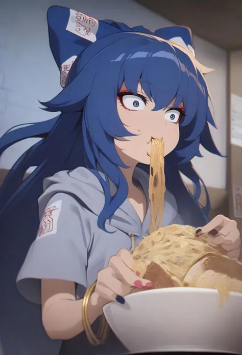 masterpiece, best quality, 
anime style, 
1girl, solo, yorigami shion, touhou, 
blue hair, blue eyes, blue hair bow, 
long hair, 
makeup, eyelashes, lip, 
bracelet, nail polish, 
grey ofuda hoodie, 
constricted pupils, 
eating jirou ramen, 
yellow ramen shop, 
indoors,