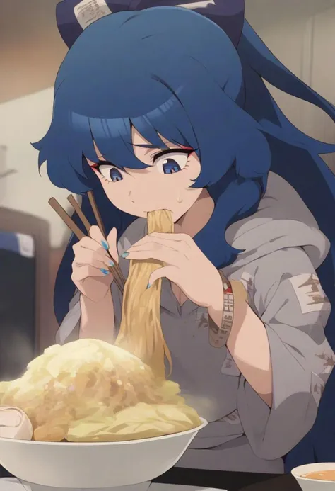 masterpiece, best quality, 
anime style, 
retro style, 
80's, 
1girl, solo, yorigami shion, touhou, 
blue hair, blue eyes, blue hair bow, 
long hair, 
makeup, eyelashes, lip, 
bracelet, nail polish, 
grey hoodie, 
ofuda on clothes, 
looking down, 
sweat, 
chopsticks, 
eating jirou ramen, 
yellow ramen shop, 
indoors,