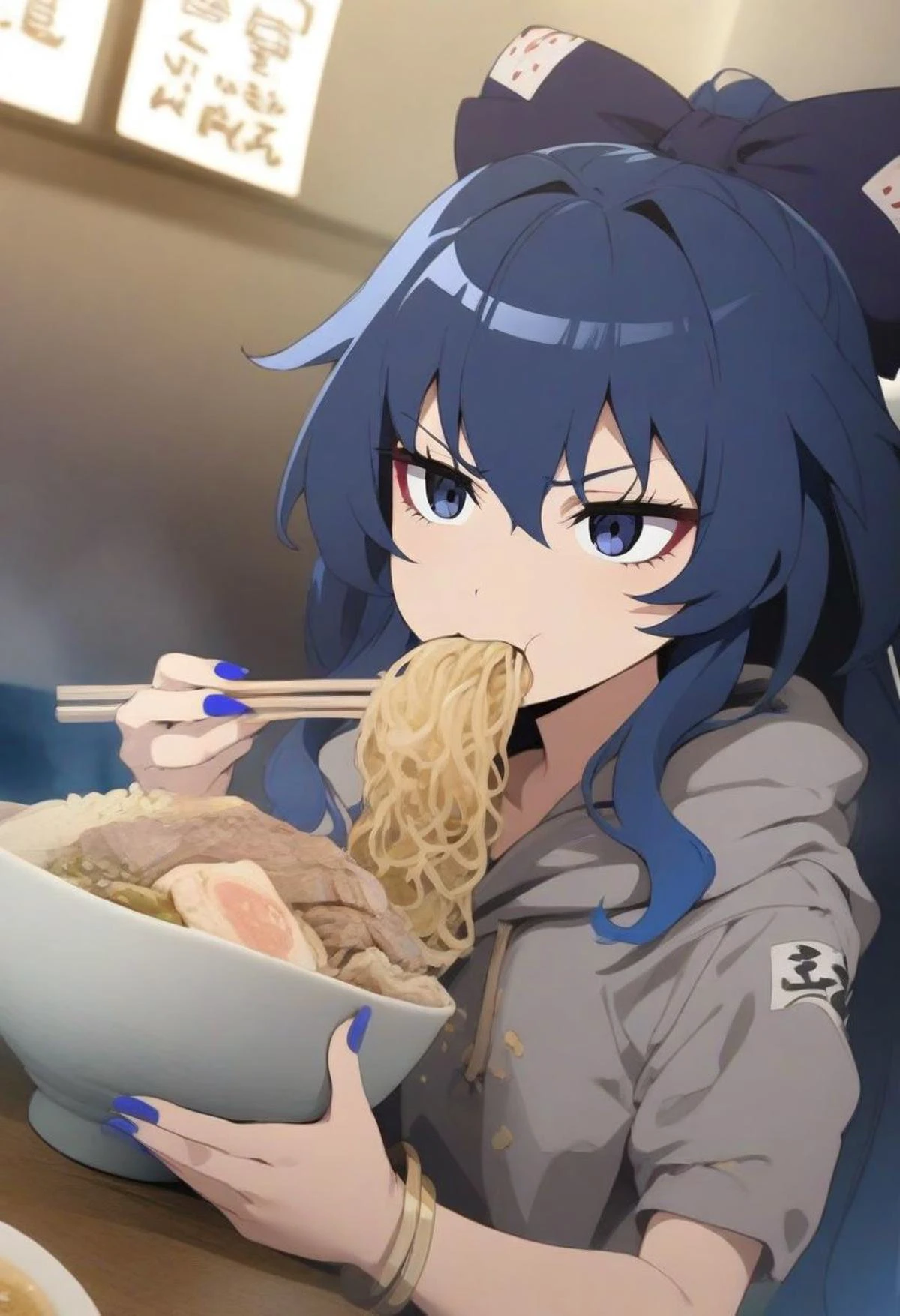masterpiece, best quality,
anime style,
1girl, solo, yorigami shion, touhou,
blue hair, blue eyes, blue hair bow,
long hair,
makeup, eyelashes, lip,
bracelet, nail polish,
grey hoodie,
eating jirou ramen,
ramen shop,
indoors,