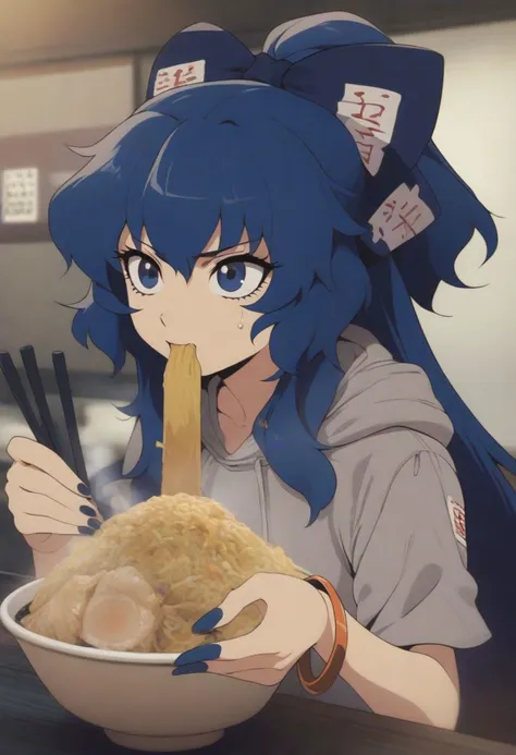 masterpiece, best quality, 
anime style, 
retro style, 
80's, 
1girl, solo, yorigami shion, touhou, 
blue hair, blue eyes, blue hair bow, 
long hair, 
makeup, eyelashes, lip, 
bracelet, nail polish, 
grey hoodie, 
ofuda on clothes, 
sweat, 
chopsticks, 
eating jirou ramen, 
yellow ramen shop, 
indoors,