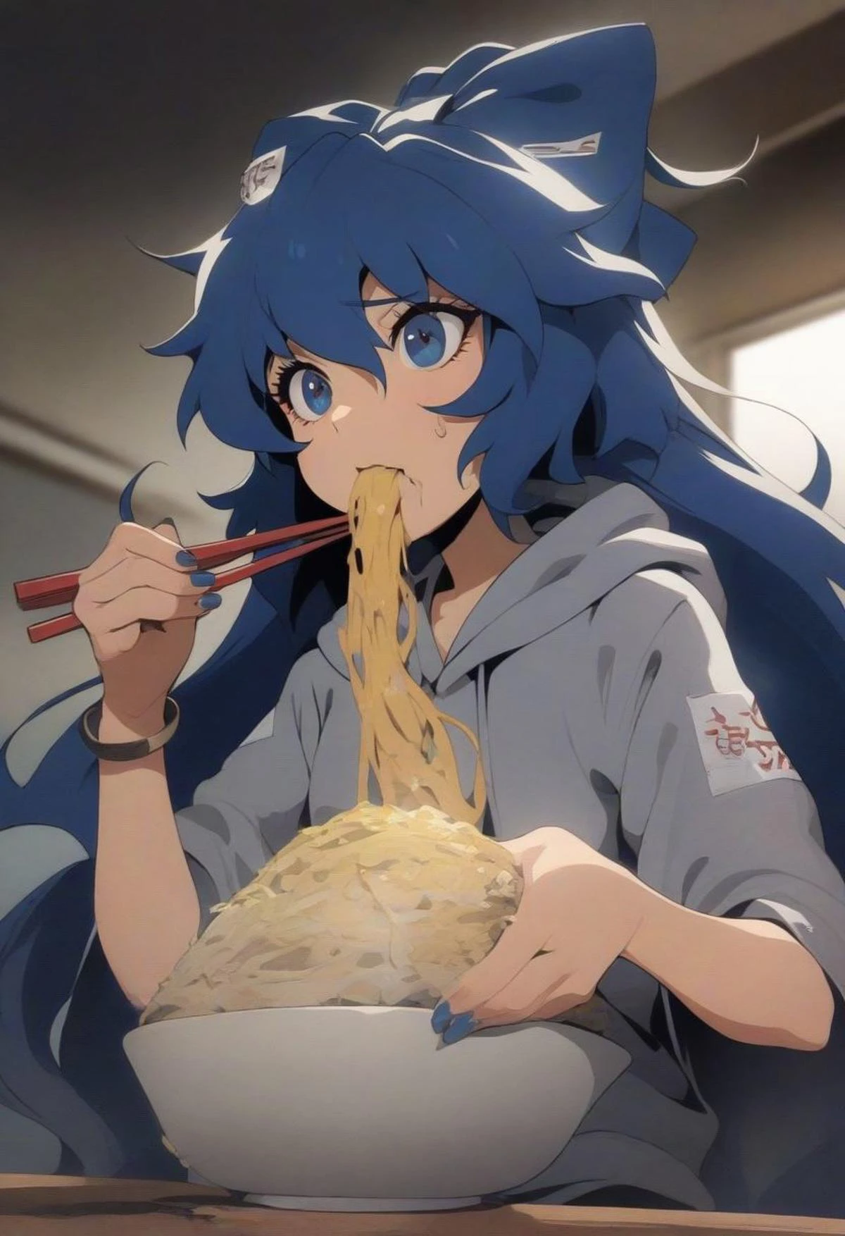 masterpiece, best quality,
anime style,
retro style,
80's,
1girl, solo, yorigami shion, touhou,
blue hair, blue eyes, blue hair bow,
long hair,
makeup, eyelashes, lip,
bracelet, nail polish,
grey hoodie,
ofuda on clothes,
sweat,
chopsticks,
eating jirou ramen,
yellow ramen shop,
indoors,