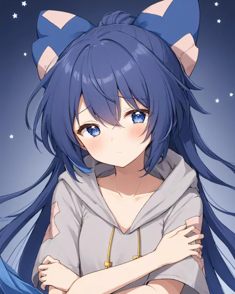 yorigami shion,1girl, one_eye_closed, ?, hair_bow, upper_body, disembodied_limb, blue_bow, debt, grey_hoodie, solo_focus, short_sleeves, collarbone, simple_background, hand_on_another's_cheek, closed_mouth, blush
<lora:yorigami_shion_image2356_2023-12-20-000010:1>,star-shaped_pupils,symbol-shaped_pupils,. gorgeous,key visual, vibrant, studio anime,award-winning, professional, highly detailed,high budget, cinemascope