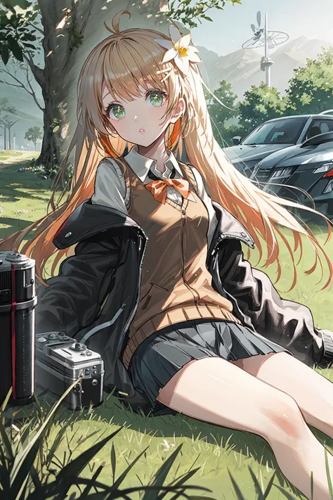 1girl, long hair, solo, blonde hair, hair ornament, camera , green eyes, white shirt, shirt, collared shirt, flower, parted lips, long sleeves , hairclip, bangs, skirt, black jacket, virtual youtuber, vest, lying, jacket, necktie, on back, sweater vest, black skirt, white flower, looking at viewer, brown vest, orange bow, antenna hair, bag, off shoulder, heart, very long hair ,ground vehicle, scenery, outdoors, motor vehicle, blurry foreground, car, plant, blurry, vehicle focus, grass, sunlight, depth of field, day, tree, leaf, overgrown, nature
/////////// <lora:SWAV-000092:1>, <lora:ç»ä¸½çå
å½±:0.2>,<lora:add_detail:0.35>, <lora:adaptedmodel:0.35>