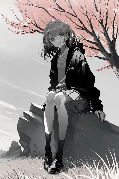 greyscale, monochrome, no humans, solo, white background, simple background, sketch ,outdoors, solo, grass, sitting, tree, day, cherry blossoms, scenery, skirt, shoes, shirt, long sleeves, rock, long hair, looking at viewer, socks, wide shot, white shirt, sunlight, bangs, jacket, smile, grey hair 
///////////  <lora:SWAV-000092:1>, <lora:ç»ä¸½çåå½±:0.2>,<lora:add_detail:0.35>, <lora:adaptedmodel:0.35>