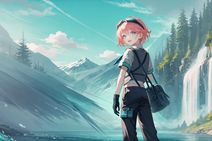 outdoors, 1boy, sky, cloud, mountain, male focus, scenery, water, solo, pink hair, tree, bird, day, pants, black pants, black vest, shirt, looking at viewer, gloves, blue eyes, vest, lake, open mouth, white shirt, goggles on head, white gloves, waterfall, smile, standing, nature, cloudy sky, river, blue sky, bag, armband, forest, short hair, short sleeves, goggles, reflection
/////////// <lora:SWAV-000092:0.8>, <lora:ç»ä¸½çå
å½±:0.2>,<lora:add_detail:0.35>, <lora:adaptedmodel:0.35>