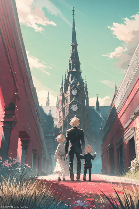 anya (spy x family), 1girl, 1boy, pink hair, twilight (spy x family), female , shirt, child, hairpods, short hair, indoors, long sleeves, yor briar, blonde hair, closed eyes, father and daughter, pants, facing away, ahoge, carrying ,scenery, tree, outdoors, sky, cloud, day, grass, fence, flower, blue sky, mountain, path, building, house, fruit, nature, road, rock, artist name, food
/////////// <lora:SWAV-000092:1>, <lora:ç»ä¸½çå
å½±:0.2>,<lora:add_detail:0.35>, <lora:adaptedmodel:0.35>