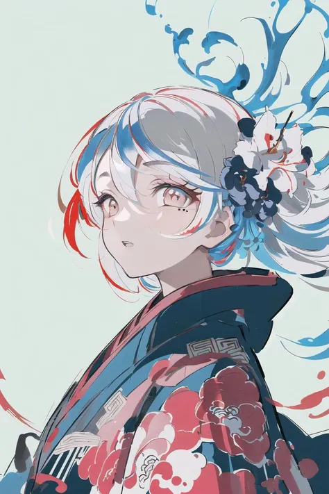 (masterpiece),(best quality),(illustration),looking at viewer,colorful,from side,((chinese colorful ink)),flat color,
(1girl:1.2),detailed long white hair + red eyes,detailed face,half body,(white hair:1.4),(mole under eye:0.9),squinting,eyeshadow,hair ornament,small breasts,((kimono)),cold face,long floating hair,hair over one eye\\,
(masterpiece),(best quality),(illustration),(portrait),((ink splashing)),((chinese colorful ink)),((Chinese color ink painting style)),
1girl,upper body,(white hair +red eyes),(cute face:0.95),(detailed beautiful face:0.95),colorful painting,
(inside red fire AND (blue fire)),eyes<light>,inner red hair,circular fan background,
(Floating),(illustration),(Amazing),(Absurd),((sharp focus)),((extremely detailed)),((high saturation)),((surrounded by color ink splashes)),((extremely detailed body)),((colorful)),<lora:SWAV:0.8>,