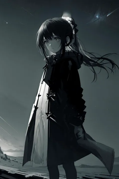 1girl, monochrome, greyscale, solo, sketch, long hair, ponytail, white background, pointy ears, portrait, hair behind ear, closed mouth, simple background, bangs ,star (sky), sky, starry sky, scenery, 1boy, night, snow, outdoors, night sky, long hair, standing, aurora, coat, black hair
/////////// <lora:SWAV-000092:1>, <lora:ç»ä¸½çå
å½±:0.2>,<lora:add_detail:0.35>, <lora:adaptedmodel:0.35>