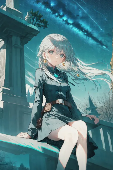 1girl, jewelry, solo, long hair, earrings, looking at viewer, dress, white hair, breasts, grey eyes, belt, hair between eyes, long sleeves, paper, closed mouth, bangs, black dress, sitting, blue dress, medium breasts, very long hair ,star (sky), sky, scenery, starry sky, outdoors, tree, night, night sky, cloud, building, milky way
/////////// <lora:SWAV-000092:1>, <lora:ç»ä¸½çå
å½±:0.2>,<lora:add_detail:0.35>, <lora:adaptedmodel:0.35>