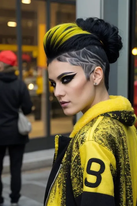 Close-Up face portrait , bce, black & yellow updo hair, <lora:better_creative_hair-06:1>. BREAK, one women standing outside a store window in the night, Bright light, urban, glamorous, photorealistic, jacket ,