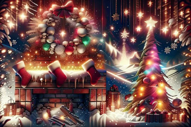 Inside, Fireplace neon, Christmas tree neon, stockings Christmas neon, christmas presents, christmas decorations, Chr457m45m3rg3D0nMN3M1C, wreath, neon light show sparkling <lora:Chr457m45m3rg3D0nMN3M1C:2.69> <lora:detail_slider_v4:2.69>, cute, rave