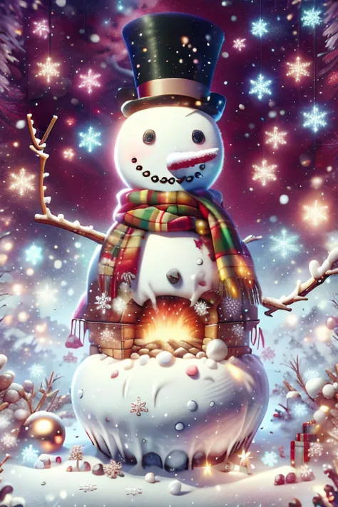 Diamond Snowman NEON, Frosty the Snowman is a jolly, happy soul with a round belly and a button nose. He has two eyes made out of coal and a wide smile. He wears a black top hat and a red scarf around his neck. His body is made of snow and he has stick arms Neon laser light show, Chr457m45m3rg3D0nMN3M1C <lora:Chr457m45m3rg3D0nMN3M1C:2>