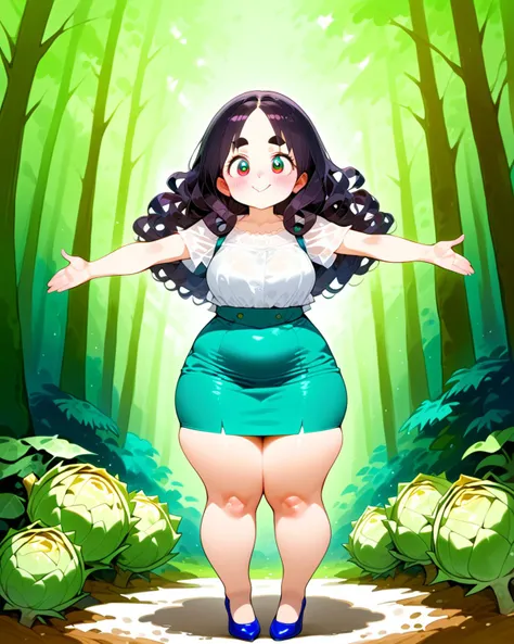 score_9, score_8_up, score_7_up, score_6_up, source_anime, ah1, 1girl, (curly hair), long hair, (black hair), mature female, (parted hair:1.7), (round face), (no_bangs:1.3), (no_fringe:1.6), looking at viewer, (thick eyebrows), (curvy), plump, round-chin, (dark olive green eyes), caucasian, down-turned eyes, puckered lips, <lora:ETO_OCPonyXL:0.8> eto_oc, skindentation, short female, voluptuous, kinky curls, (Standing, legs apart, arms extended), (artichoke green blue pencil skirt, off-white blouse, blue heels), (in a dense ancient forest, where towering trees stretch towards the sky and the air is thick with the scent of pine and moss), (shy smile, blush),