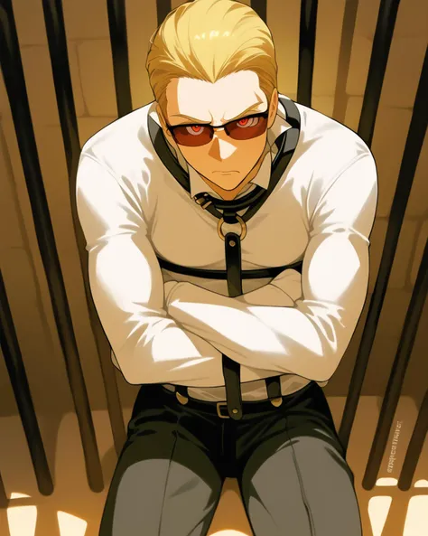 score_9, score_8_up, score_7_up, score_6_up, source_anime, ah1, best quality, (masterpiece:1.4), (high quality:1.4), sharp focus, 4k, absurd resolution, <lora:albertwesker-guy-PONYv1:0.9> albertwesker, albert wesker, 1boy, blonde, sunglasses, looking at viewer, toned, athletic, fit, slicked back hair, mature male, cocky, <lora:StraitjacketPony_v1s:1> (straitjacket:1.6), strait-jacket, arms are folded across the front, with the ends of the sleeves wrapping around to fasten or tie behind the back, (in jail, prison, prison cell:1.1), defiant, restraints, restrained, crossed arms, red eyes, a strong garment with long sleeves which can be tied together to confine the arms of a violent prisoner or mental patient, (looking at viewer through cell bars),