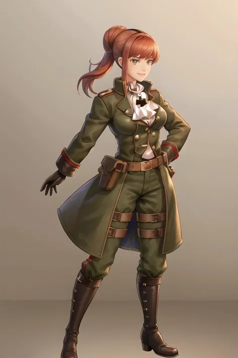 karinkoenig, karinmilitary, 1girl, solo, gloves, military, uniform, belt, military uniform, boots, knee boots, full body, cross, brown eyes, ascot, holster, smile, sidelocks, hair bun, single hair bun, hairband, jewelry, pants, thigh strap, fighting stance, standing, <lora:karinkoenig:0.7>