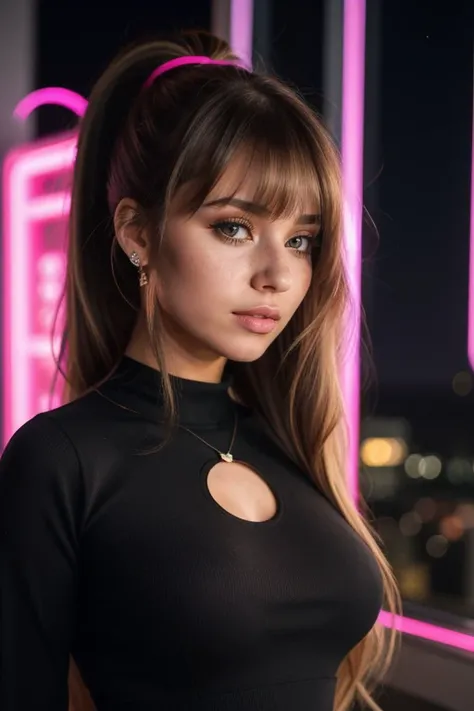 simple background, long hair ponytail, swept bangs, pink sweater, huge sagging breasts, cleavage, black yoga pants, elegant, beautiful, freckles, realistic, round gorgeous eyes, up close, dark shadows, night background, neon hearts lights dark, chiaroscuro, low-key <lora:Sagging breasts:0.6> TrualityCampus_Pookie