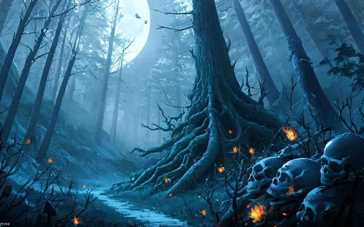 Concept art, no humans, deep forest, elden ring, dark souls, night scene, mid night, creepy, skulls, firefly, absurd res