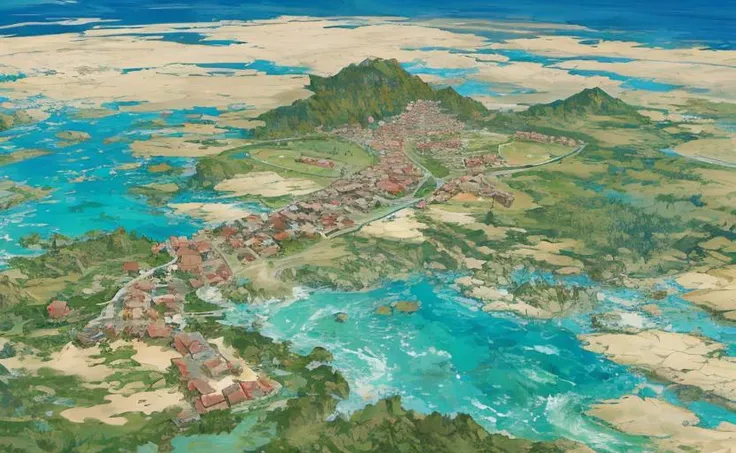 Concept art, no humans, village, rocks, water puddles, country side, road,Aerial view
