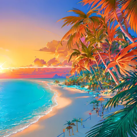 concept,fantasy,(best quality,masterpeace),(perfect composition), the golden ratio,
Tropical Paradise: A breathtaking panoramic view of a palm-fringed tropical beach, with crystal-clear turquoise waters lapping at the shore and the sun setting in a fiery blaze of orange and pink,
,hdr ,cinematic, trending on artstation,trending on CGSociety,immense details,