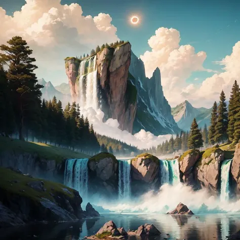 (((masterpiece))), ((best quality)), realistic, 8k, ultra-detailed, realistic, scenery, ConceptArt, no humans, huge lake, huge mountains with high waterfalls, cloud, solar eclipse, outdoors, building, nature, river, blue sky. Highly detailed RAW color Photo, side Angle, (lens flare:0.7), (bloom:0.7), particle effects, raytracing, cinematic lighting, shallow depth of field, photographed on a Sony Alpha 1, 50mm wide angle lens, sharp focus, cinematic film still, dynamic pose.