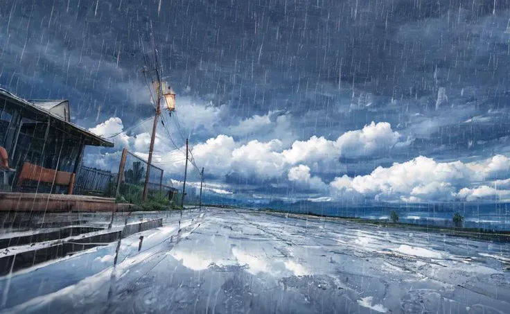 Concept art, no humans, water puddles, country side, rain, cloudy,