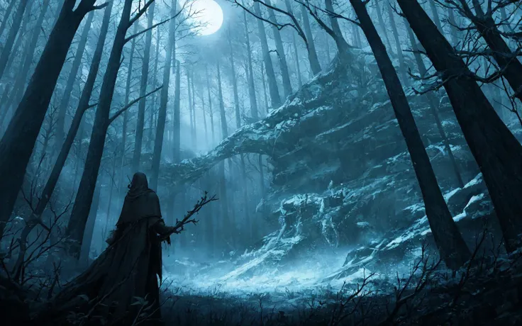 Concept art, no humans, deep forest, elden ring, dark souls, night scene, mid night, creepy, absurd res